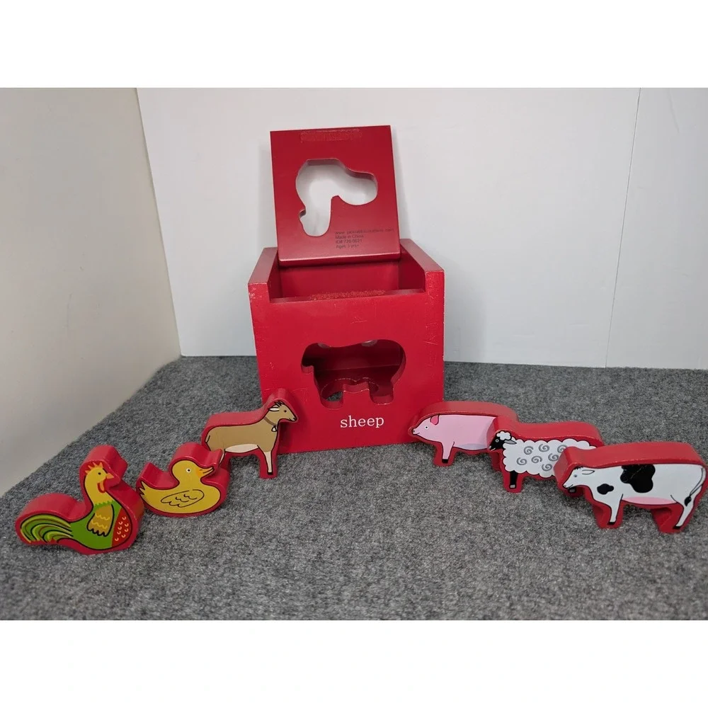 Jack Rabbit Creations Wooden Cube Animal Sorter Duck Sheep Cow‎ Pig Rooster Goat